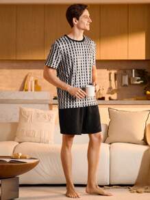 Manfinity Underwear&Sleepwear Basics 男士格子短袖睡衣上衣，夏季家居服 - 黑色 - 查看 5