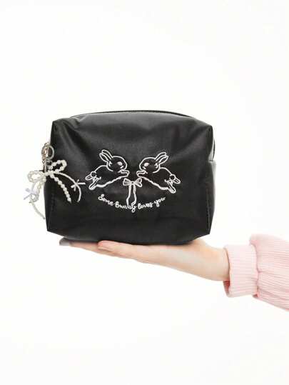 Kawaii Modelo: 336027 Bolsa de cosméticos para mujer con bordado de conejo y lazo, billetera multifuncional, organizador de artículos de tocador de viaje, regalo para dama de honor, regalo para madre, regalo de cumpleaños, con adornos colgantes de perlas