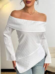 Modelyn Blusa de verano con hombros descubiertos, textura estriada y asimétrica para mujer - Blanco - Ver 6