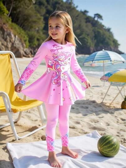 Young Girls Tankinis With Unicorn Prints, Long Sleeve Top And Long Pants Swimsuit, Sun Protection, Suitable For Vacation