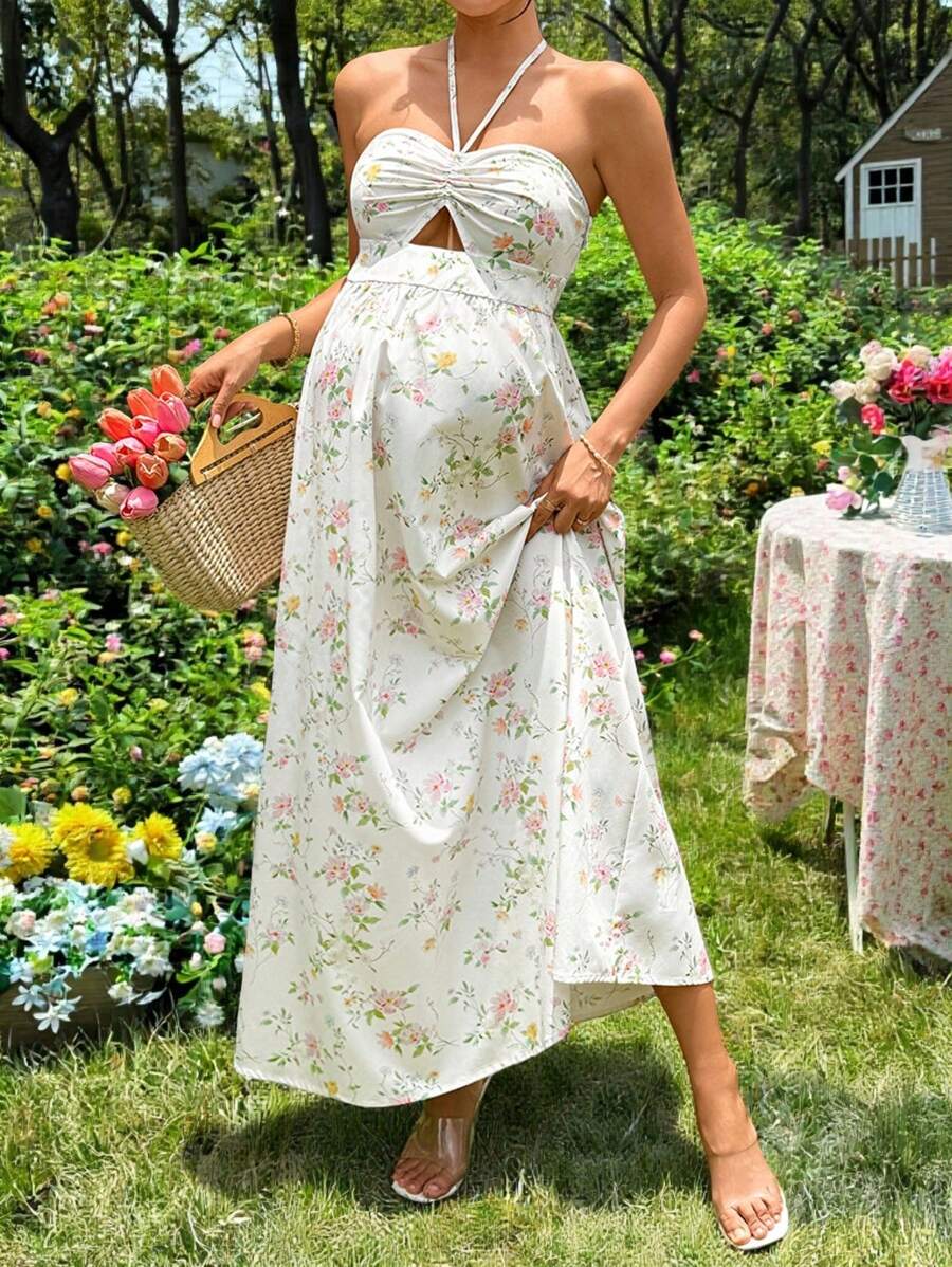 SHEIN 孕妇无袖镂空褶饰花卉印花孕妇连衣裙 - 彩色 - 查看 1