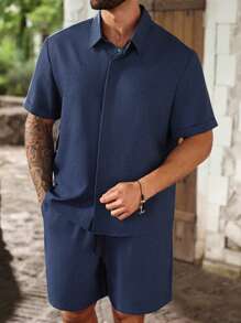 ResortEase Plus-size heren set met overhemd, korte mouwen, kraag en korte broek