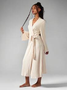 MISSGUIDED Luxury Ribbed Midi Length Bath Robe Wrap Style Bell Sleeve Lounge Wear Spa Wellness Resort Comfortable Fall Winter House Coat - Apricot - View 1