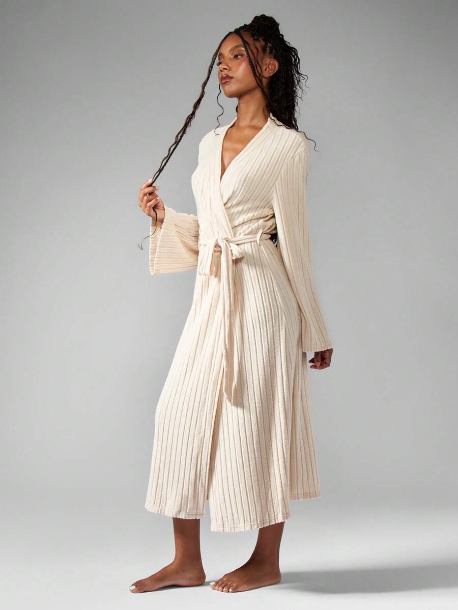 MISSGUIDED Luxury Ribbed Midi Length Bath Robe Wrap Style Bell Sleeve Lounge Wear Spa Wellness Resort Comfortable Fall Winter House Coat - Apricot - View 1