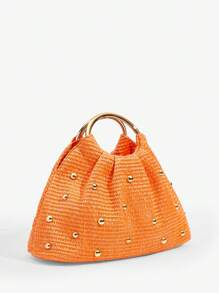 SHEIN SXY Ladies, Women Top Handle Bags, Straw Bag, Fashionable, Elegant, Simple, Personalized, Versatile, Classic, Gold Rivets, For Date, Daily, Shopping, Afternoon Tea, Beach, Vacation, Holiday, Summer, Seaside - Orange - View 3