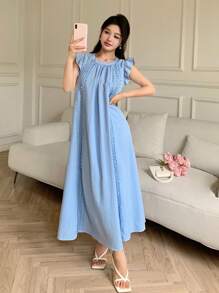 Feyla 盖袖蕾丝边镂空宽松休闲日常百搭夏季连衣裙 - 藍色 - 查看 5