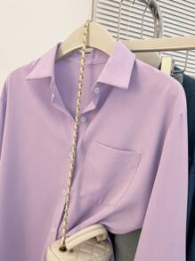 INAWLY Camisa casual de mujer de manga larga, de un solo pecho, de un solo bolsillo, de unicolor, para otoño