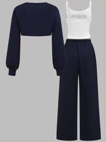 SHEIN Girlism 三件套：深蓝色撞色字母印花套头连帽衫，休闲运动裤，时尚、基本款、日常、百搭；纯蓝色纹理字母印花圆领宽松短袖 T 恤，适合各种运动场合、返校装、学院风、节日家庭户外野餐 - 藍白色 - 查看 2