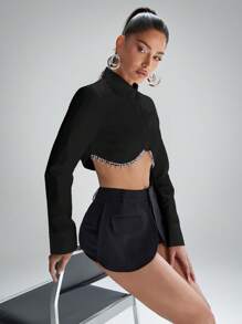 Denimoi 水钻流苏短款翻领衬衫 - 黑色 - 查看 4