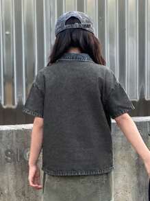 Dazy Kids 女童牛仔领短袖上衣，青少年女孩秋季时尚 - 灰色 - 查看 7