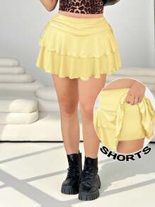 Solflare A-Line Plus Size Skirt With Side Drawstring Detail, Yellow, Spring/Summer, Ruffled Skorts, Skirts With Shorts Underneath, Tiered Skorts