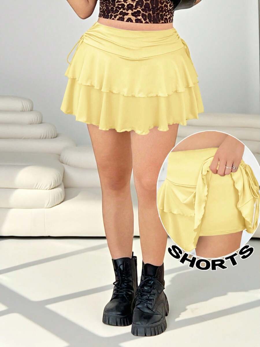 Solflare A-Line Plus Size Skirt With Side Drawstring Detail, Yellow, Spring/Summer, Ruffled Skorts, Skirts With Shorts Underneath, Tiered Skorts