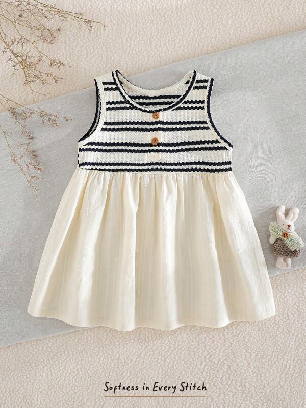 Cozy Pixies Baby Girl Colorful Striped Contrast Round Neck Sleeveless Waist Dress