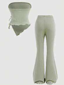 青少年女孩夏季纯色橄榄绿色休闲不对称下摆抽绳细节抹胸和喇叭裤 - 綠色 - 查看 2