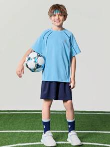 JNSQ Back To School Tween Boy Sports T-Shirt, Children's Round Neck 4-Needle 6-Thread Contrast Color Seamless Crafted Front 3M Reflective Print Professional Outdoor Sports T-Shirt - Baby Blue - View 5