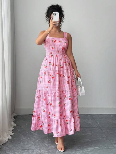 Elenzga Plus Size Casual Vacation Sweet Plaid Cherry Pattern Camisole Dress