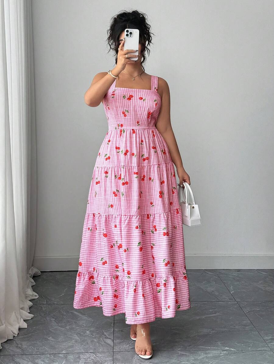 Elenzga 大码休闲度假甜美格子樱桃图案吊带背心连衣裙