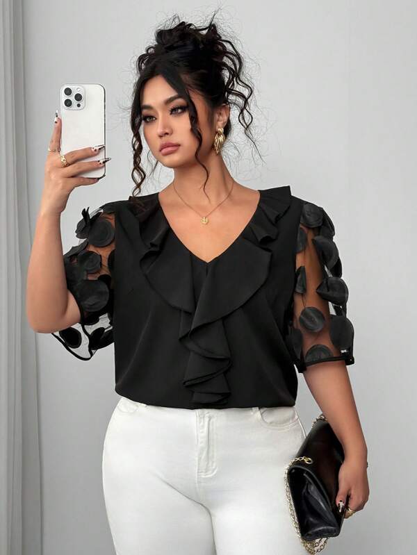 Elenzga Plus Size Women Plus Size Sheer Mesh Splice Puff Sleeve Solid Ruffled V-Neck Blouse, Summer