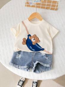 SHEIN 2 Pcs/Set Toddler Boys/Girls Comfy Casual Cute Bear Pattern Short Sleeve T-Shirt And Denim Shorts Set, Suitable For Spring/Summer Indoor & Outdoor, Daily Wear, Sports, Play, Party, Photo Shoot, Vacation, Holidays Baby Boy Clothes Summer 2 Piece Set Baby Casual Sets Baby Boy Casual Short Sleeve - Blue - View 5