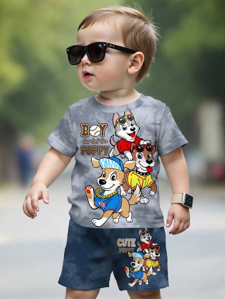 SHEIN 2pcs Baby Boy Casual Minimalist Round Neck Short Sleeve T-Shirt And Shorts Set, Suitable For Summer - Multicolor - View 1