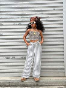 Coolane Kids Tween Girls Spring/Summer /Streetwear Striped Textured White Baggy Pants - Beige - View 4