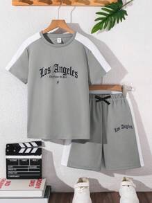 SHEIN Little Byeori 2pcs/Set Tween Boy College Style Contrast Color Round Neck Letter Print Shorts Set,Light Grey,Summer,Streetwear,City Break Daily Casual Wear,Sports - Grey - View 5
