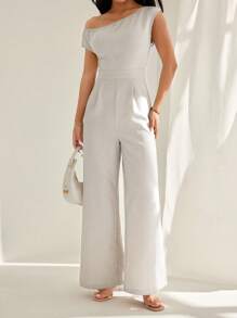 SHEIN PETITE Women's Solid Color Loose Fit Asymmetrical Shoulder Pleated Jumpsuit - Beige - View 6