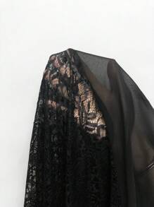 EMERY ROSE Women's Plus Size Simple Chiffon Jacket With Lace Back Vacation Fall Winter Cloth For Women Autumn - Black - View 7