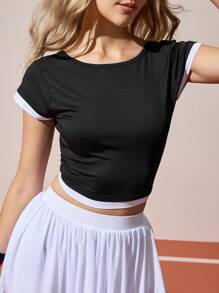 CourtClass 夏季休闲撞色短款运动T恤 - 黑色 - 查看 3