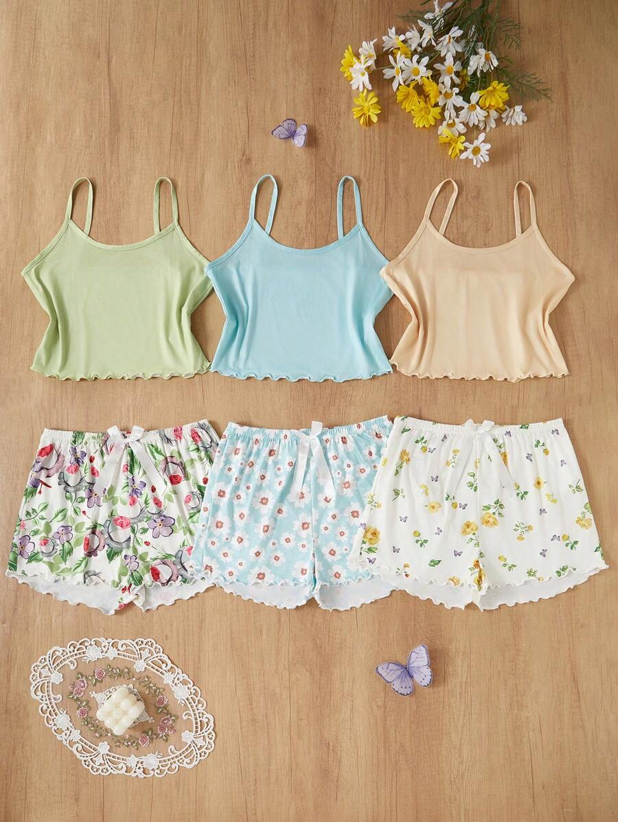 CottageSlumber 6pcs Romantic-Flora Multicolor Short Pajama Set For Women With Soft Knitted Fabric And Crop Length Summer Pajamas Sets Floral Pajama Shorts Women Sleepwear Sets Cute Pajama Sets Summer Sleep Sets  Cozy And Elegant Details - Multicolor - View 1