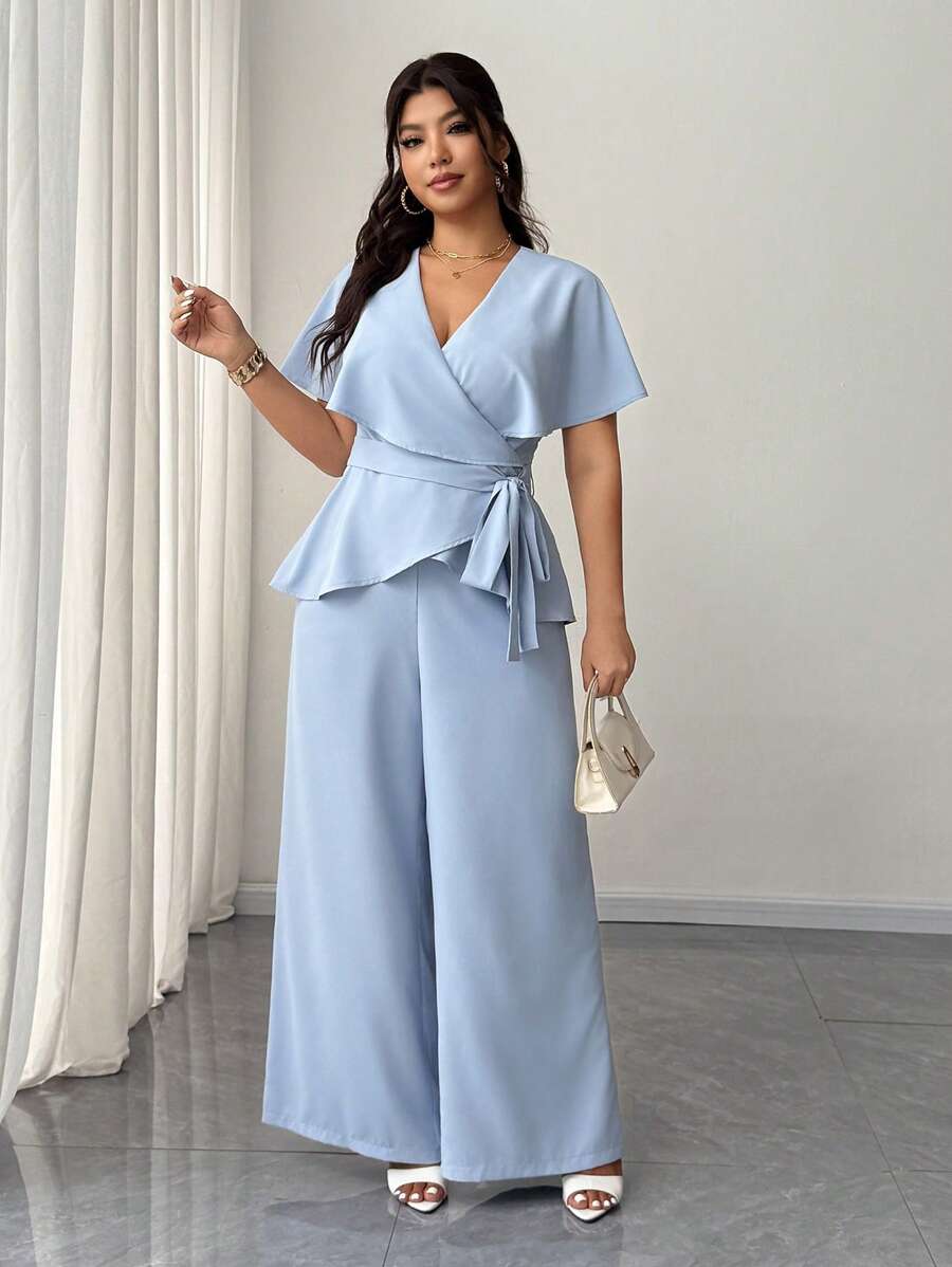Elenzga Ensemble 2 pièces pour femmes grandes tailles, chemise élégante et décontractée de bureau simple avec col en V, manches à volants et taille cintrée, et pantalon à jambes larges avec taille élastique - Bleu azur - Voir 1