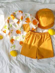 Set de 3 piezas para niños pequeños que incluye camisa tipo polo con diseño lindo y deportivo, shorts y gorra, apropiado para uso diario, escuela, viajes, deportes, primavera/verano, vacaciones en la playa - Naranja - Ver 2