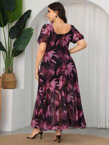 Modelyn Plus Size Spring/Summer Maxi Romantic Floral Print Fitted Elegant Contrast Mesh Insert Mermaid Hem Vacation Dress - Black - View 2