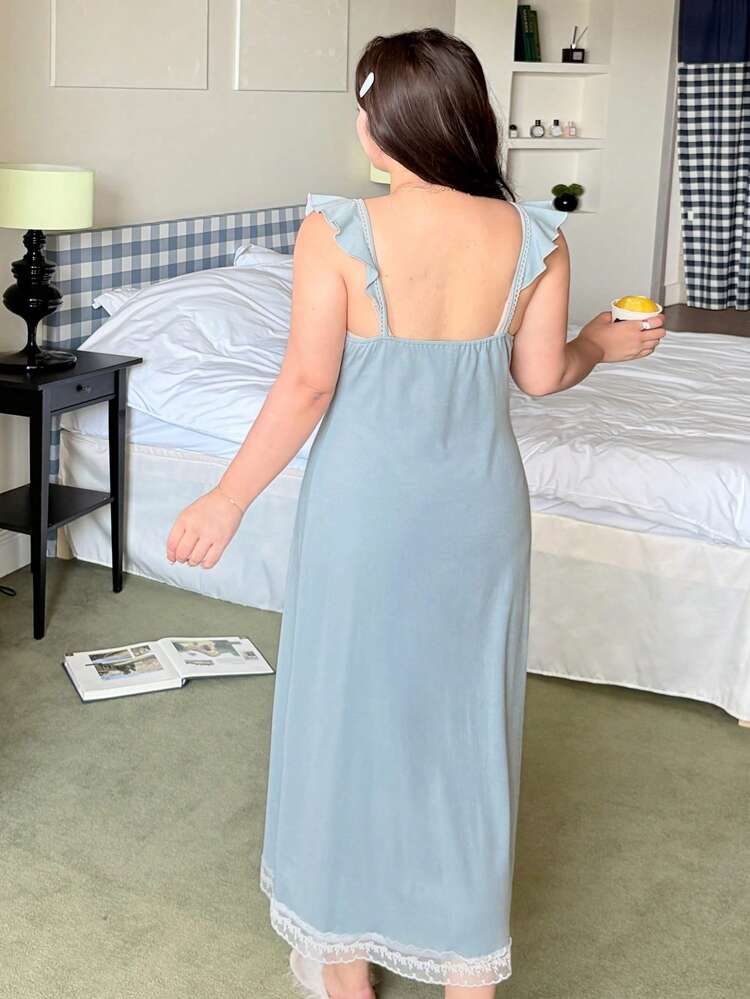 Dazy Plus Contrast Lace Elastic Fitted Long Nightgown Pajama