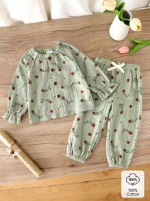 SHEIN Vintaside Kids 2pcs Baby/Baby Girl Ditsy Floral Long Sleeve Clothing Set, Autumn