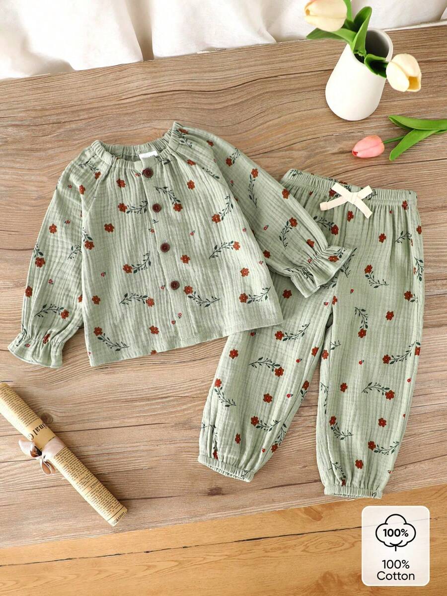 SHEIN Vintaside Kids 2pcs Baby/Baby Girl Ditsy Floral Long Sleeve Clothing Set, Autumn