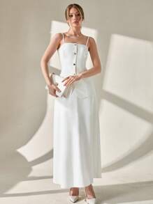 CLARA VERO Conjunto de 2 piezas de mujer de un solo color tejido con top con tirantes y botones por delante y una falda larga de línea A para primavera/verano, elegante para salir, vacaciones y ocasiones especiales