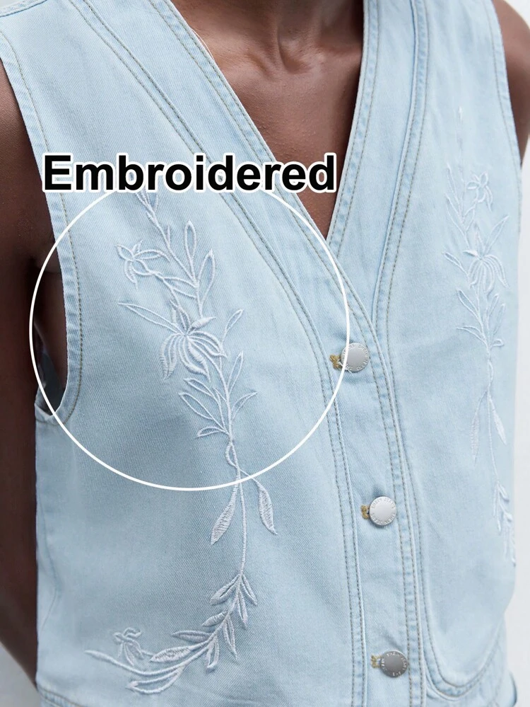 SHEIN Maija Women's Light Blue Denim Vest Exquisite Plant Embroidered Top Summer Vacation Wear, Old Money Style Suit, Going Out, Vintage
