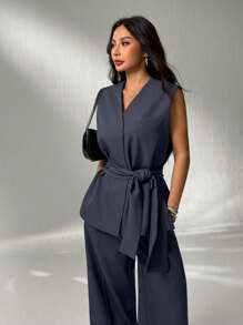 SHEIN PETITE 女款无袖西装外套+西装裤 秋冬黑白条纹西装 - 黑色 - 查看 6