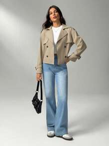 SHEIN Tall Beige Button-Down Drawstring Trench Coat Women's In Fall/Winter