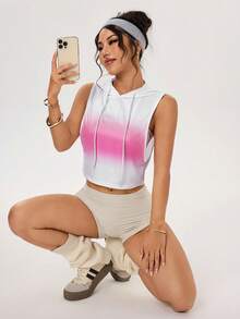 Easithlete Women's Summer Gradient Breathable Drawstring Hooded Tank Top Cropped Workout Top Gradient Gym Top Workout Crop Top - White - View 6