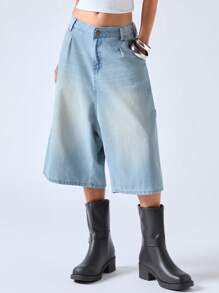 LYSMO 2025 Summer Women's Fashion Minimalist INS Blogger Low Rise Mid-Length Denim Shorts For Airport Back To School, Going Out - Blue - View 4