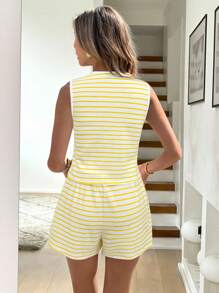 Easowa 2pcs Apricot & White Knit Texture Striped Top And Shorts Set, Retro Style - Yellow - View 2