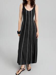 Ontre Linen Fabric Colorblock Sleeveless Round Neck Simple Fashion Dress, Casual Vacation Dress, Business Casual Dress For Women, Autumn