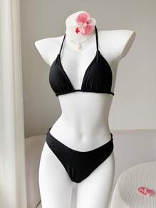 Comfortcana 2pcs Women's Summer Solid Color And Floral Print Bikini Set, Beachwear, Suitable For Vacation Wear