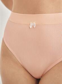 Ocili Leisure 1pc Plus Size Seamless Solid Color Bowknot Comfortable Minimalist Thong Panty - Pink - View 4