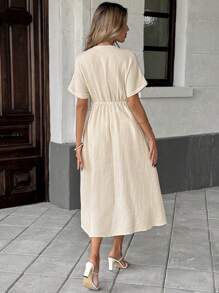 Easowa Sukienka damska z haftem kwiatowym, dekoltem w serek, swobodna, krótka, sięgająca do połowy łydki