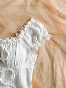 Soleia Plus Size Women Frill Trim Lace Up Casual Holiday Shirt, White, Suitable For Party, Night Out, Going Out, Back To School White Summer Top Milkmaid Top Off Shoulder Top Lace Up Top Tie Front Top - White - View 6