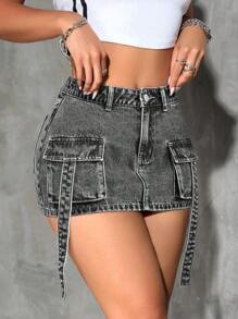 SHEIN PETITE 女士纯色休闲牛仔迷你裙，时尚夏季 - 淺灰色 - 查看 5