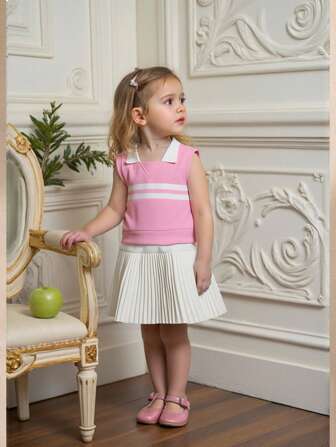 Souflis Souflis Set van 2 babymeisjes (0-3 jaar), peuter, lente/zomer, nieuwe tennis- en sportkleding, elegante mouwloze polokraag, gebreide top en geplooide rok, 2-delige outfit, grijswit
